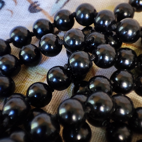 Black Agate Chalcedony Onyx Stone Knotted Beaded Long Vintage Mourning Necklace - Picture 4 of 6